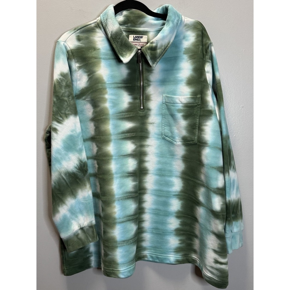 Lands' End Top Women's 2X 20W-22W Tie Dye Serious Sweats Sweatshirt Blue Green
